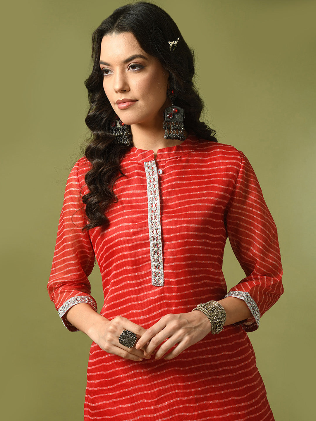 Women's  Red Printed Cotton Blend Straight Party Kurta Sets