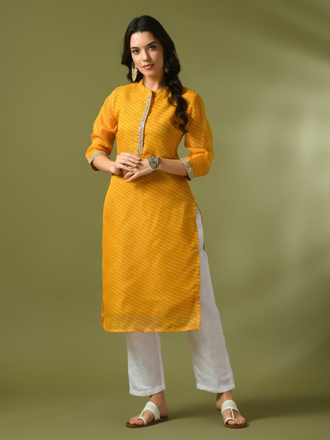 Women's  Yellow Printed Cotton Blend Straight Party Kurta Sets