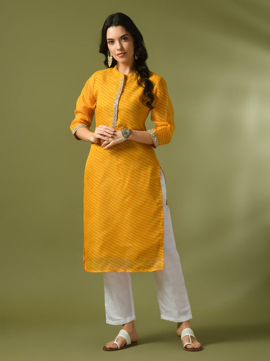 Women's  Yellow Printed Cotton Blend Straight Party Kurta Sets