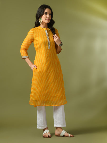 Women's  Yellow Printed Cotton Blend Straight Party Kurta Sets