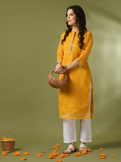 Women's  Yellow Printed Cotton Blend Straight Party Kurta Sets