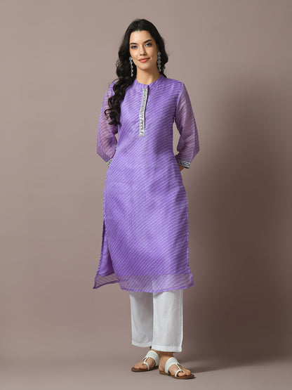 Women's  Lavender Printed Cotton Blend Straight Party Kurta Sets
