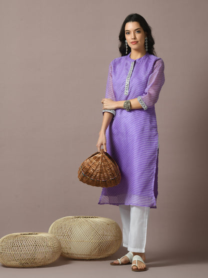 Women's  Lavender Printed Cotton Blend Straight Party Kurta Sets