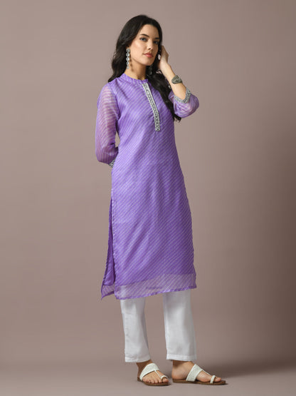 Women's  Lavender Printed Cotton Blend Straight Party Kurta Sets