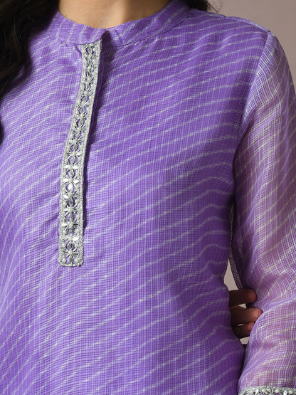 Women's  Lavender Printed Cotton Blend Straight Party Kurta Sets