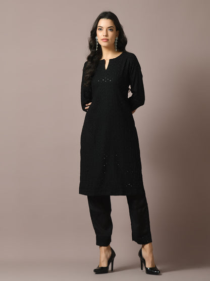 Women's  Black Embroidered Cotton Straight Party Kurta Sets