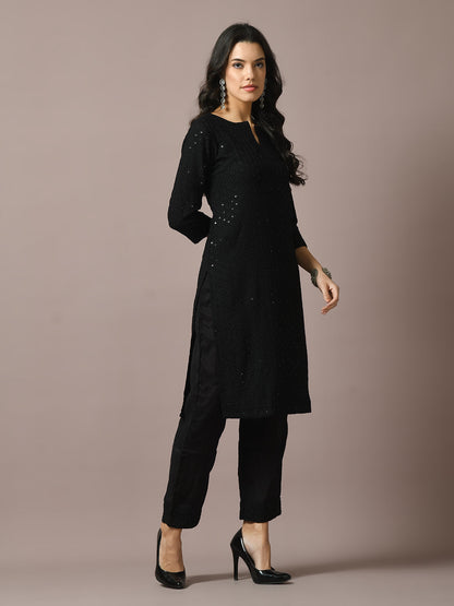 Women's  Black Embroidered Cotton Straight Party Kurta Sets