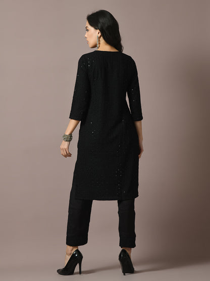Women's  Black Embroidered Cotton Straight Party Kurta Sets