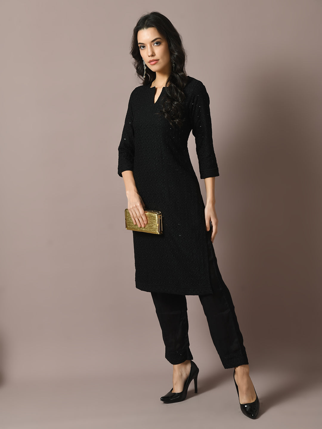 Women's  Black Embroidered Cotton Straight Party Kurta Sets