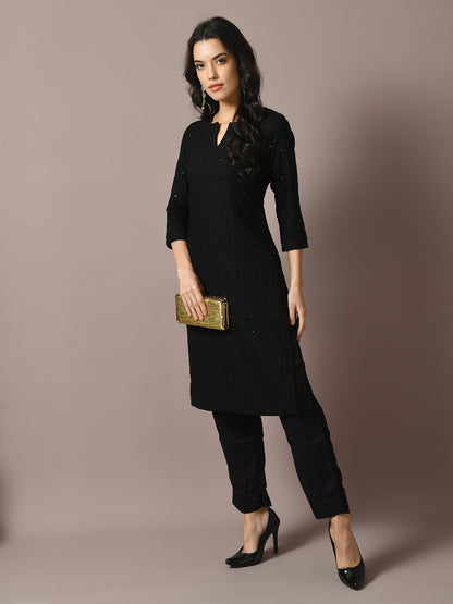 Women's  Black Embroidered Cotton Straight Party Kurta Sets