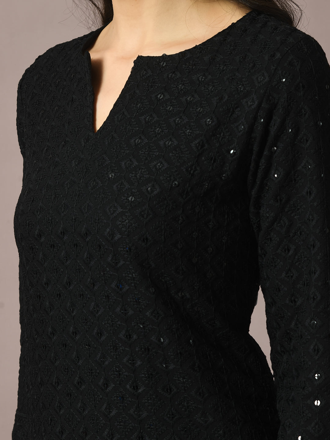 Women's  Black Embroidered Cotton Straight Party Kurta Sets
