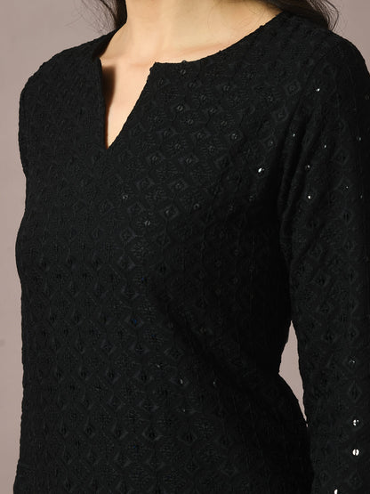 Women's  Black Embroidered Cotton Straight Party Kurta Sets