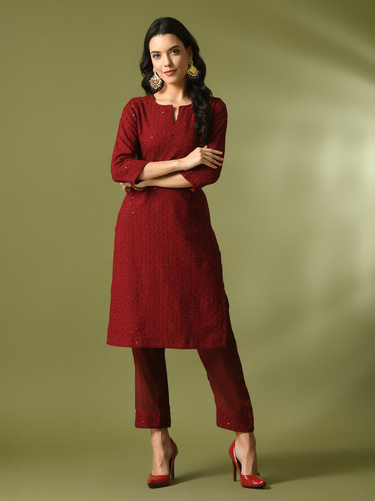 Women's  Maroon Embroidered Cotton Straight Party Kurta Sets