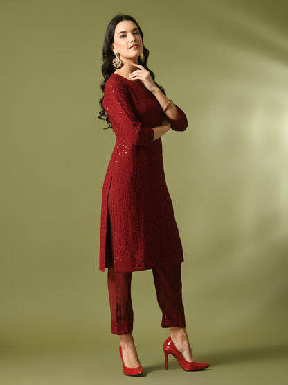 Women's  Maroon Embroidered Cotton Straight Party Kurta Sets