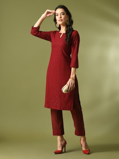 Women's  Maroon Embroidered Cotton Straight Party Kurta Sets