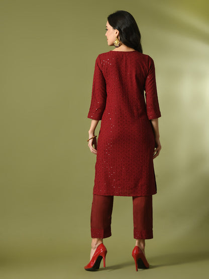 Women's  Maroon Embroidered Cotton Straight Party Kurta Sets