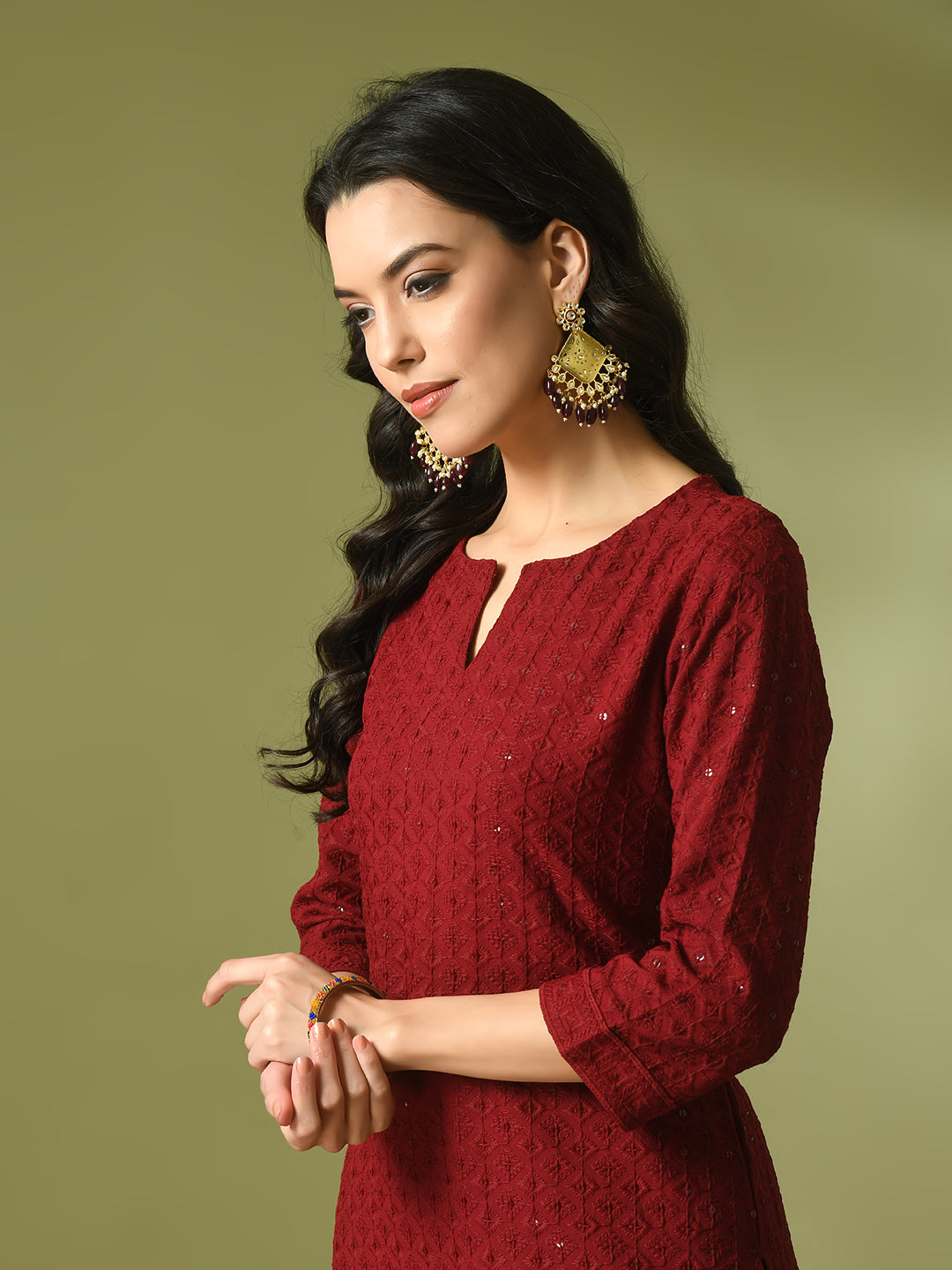 Women's  Maroon Embroidered Cotton Straight Party Kurta Sets