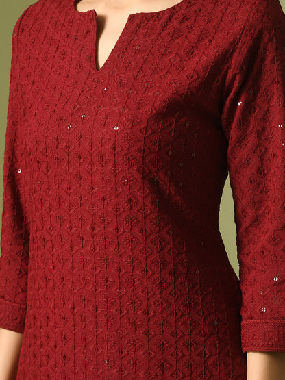 Women's  Maroon Embroidered Cotton Straight Party Kurta Sets