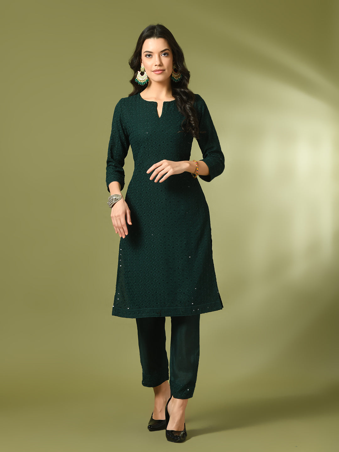 Women's  Green Embroidered Cotton Straight Party Kurta Sets