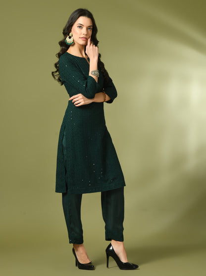 Women's  Green Embroidered Cotton Straight Party Kurta Sets