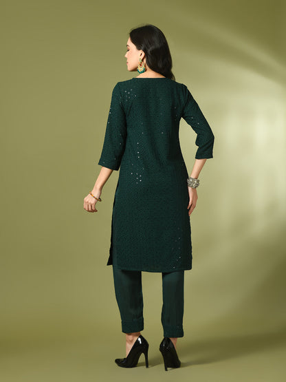 Women's  Green Embroidered Cotton Straight Party Kurta Sets