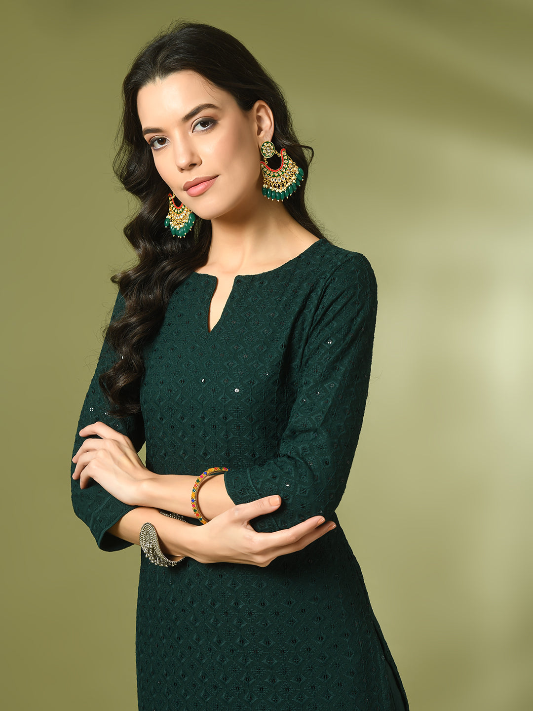 Women's  Green Embroidered Cotton Straight Party Kurta Sets