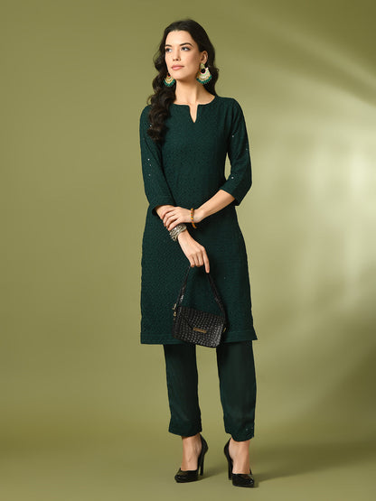 Women's  Green Embroidered Cotton Straight Party Kurta Sets