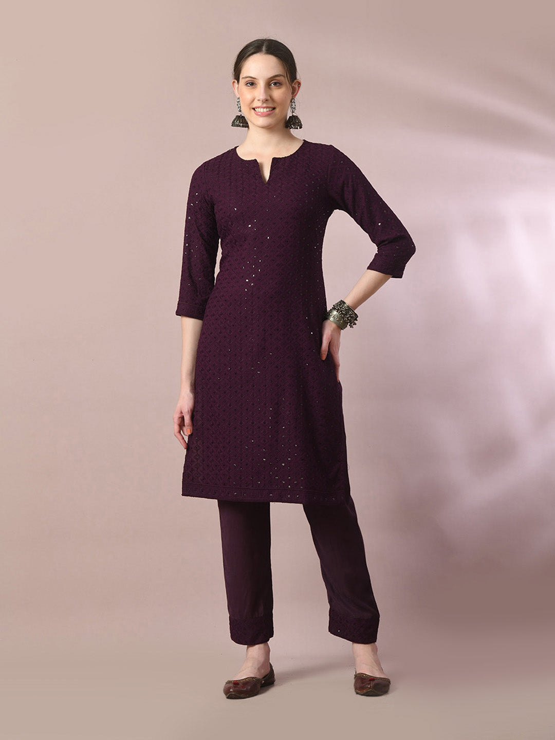 Women's  Magenta Embroidered Cotton Straight Party Kurta Sets