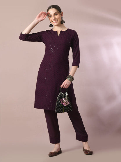 Women's  Magenta Embroidered Cotton Straight Party Kurta Sets