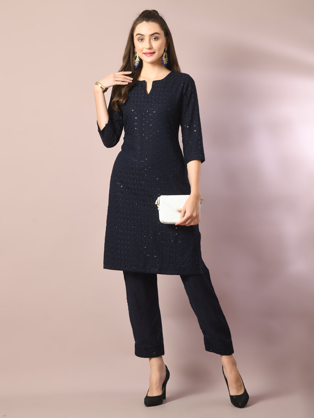 Women's  Navy Blue Embroidered Cotton Straight Party Kurta Sets