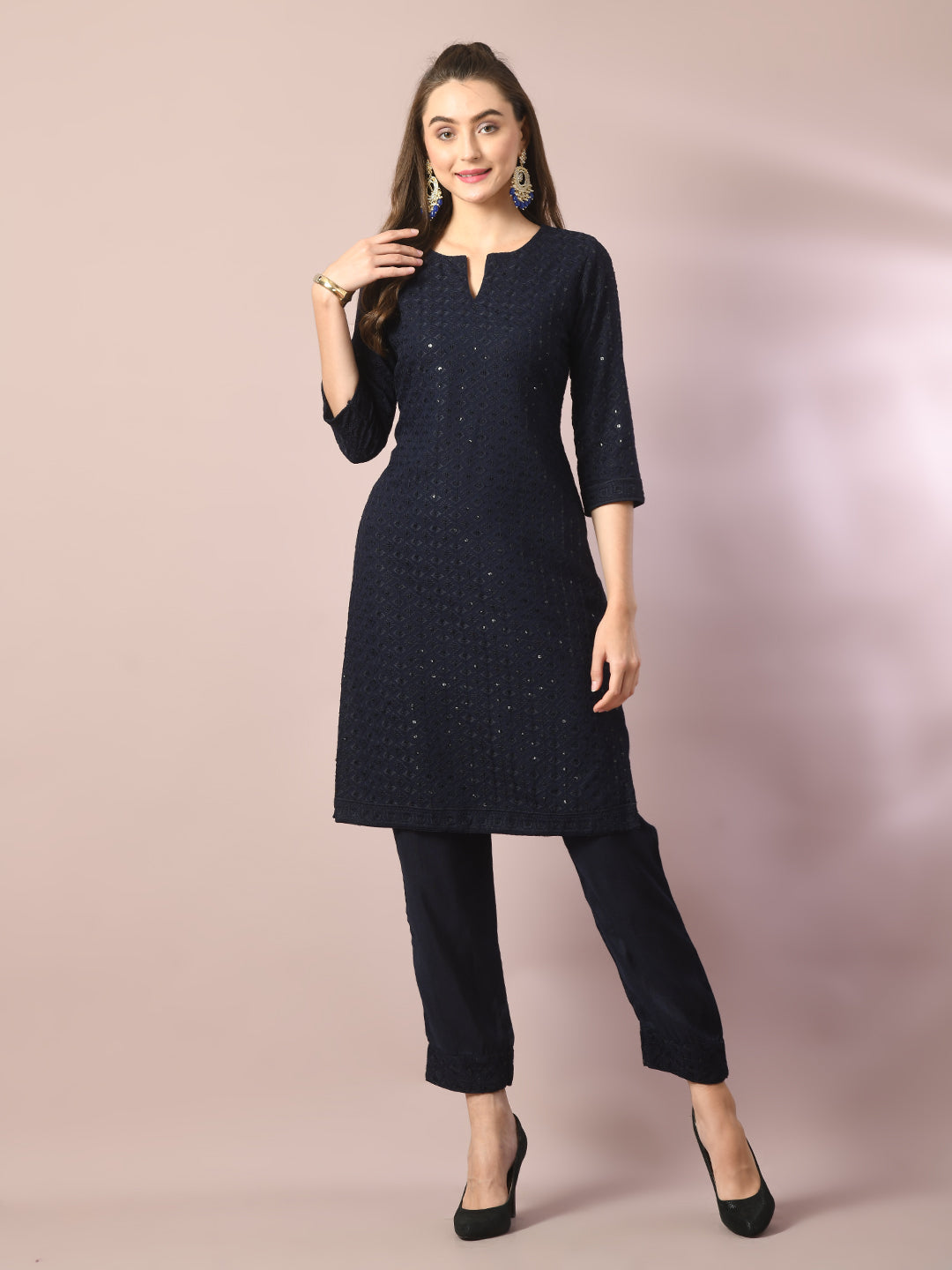 Women's  Navy Blue Embroidered Cotton Straight Party Kurta Sets