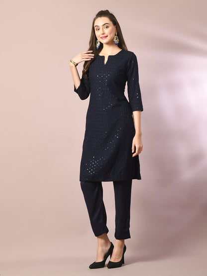 Women's  Navy Blue Embroidered Cotton Straight Party Kurta Sets