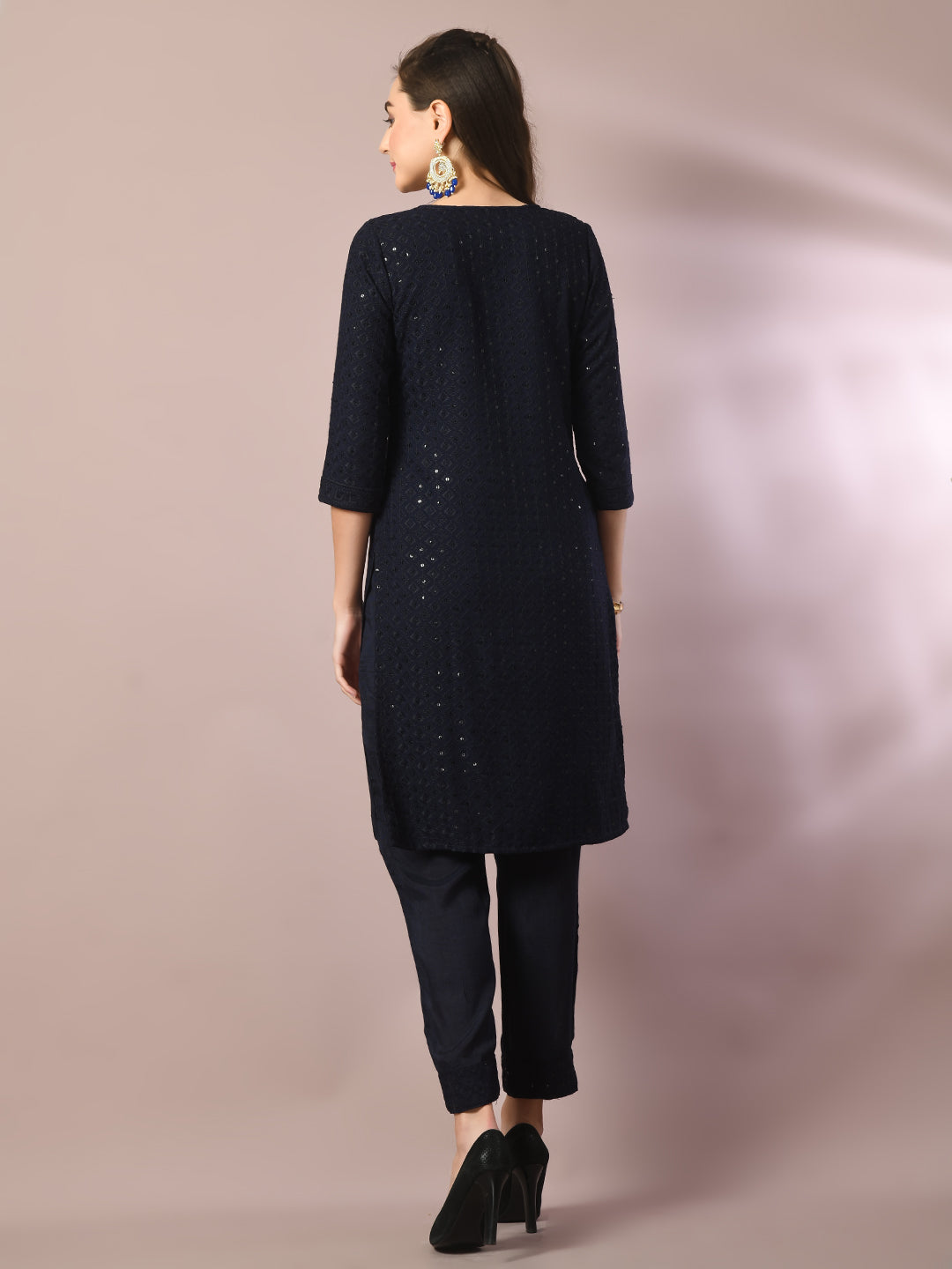 Women's  Navy Blue Embroidered Cotton Straight Party Kurta Sets