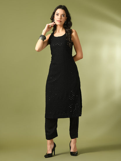 Women's  Black Embroidered Cotton Straight Party Kurta Sets