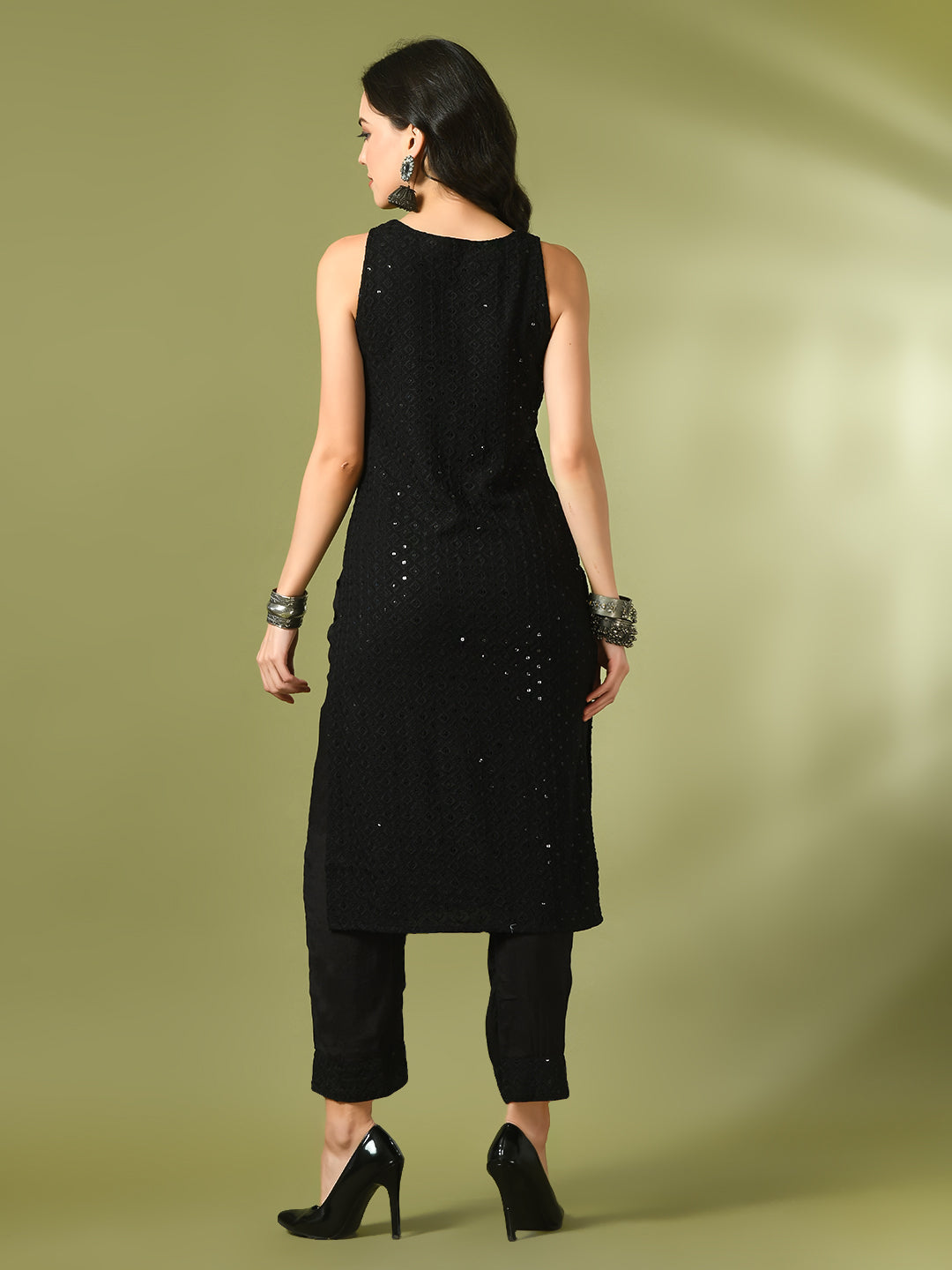 Women's  Black Embroidered Cotton Straight Party Kurta Sets