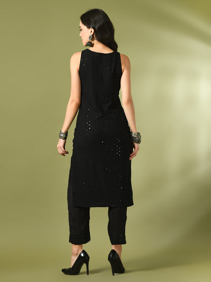 Women's  Black Embroidered Cotton Straight Party Kurta Sets
