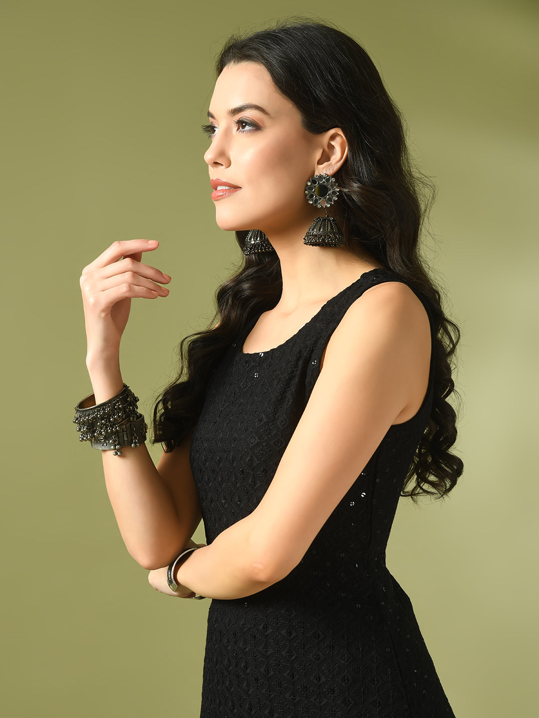 Women's  Black Embroidered Cotton Straight Party Kurta Sets