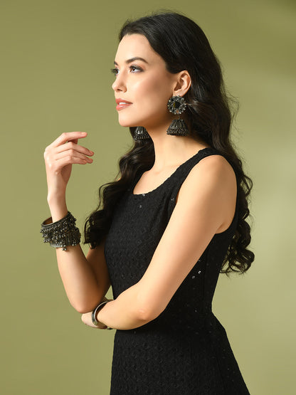 Women's  Black Embroidered Cotton Straight Party Kurta Sets