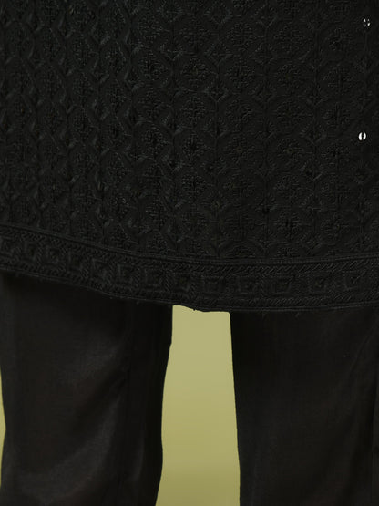 Women's  Black Embroidered Cotton Straight Party Kurta Sets