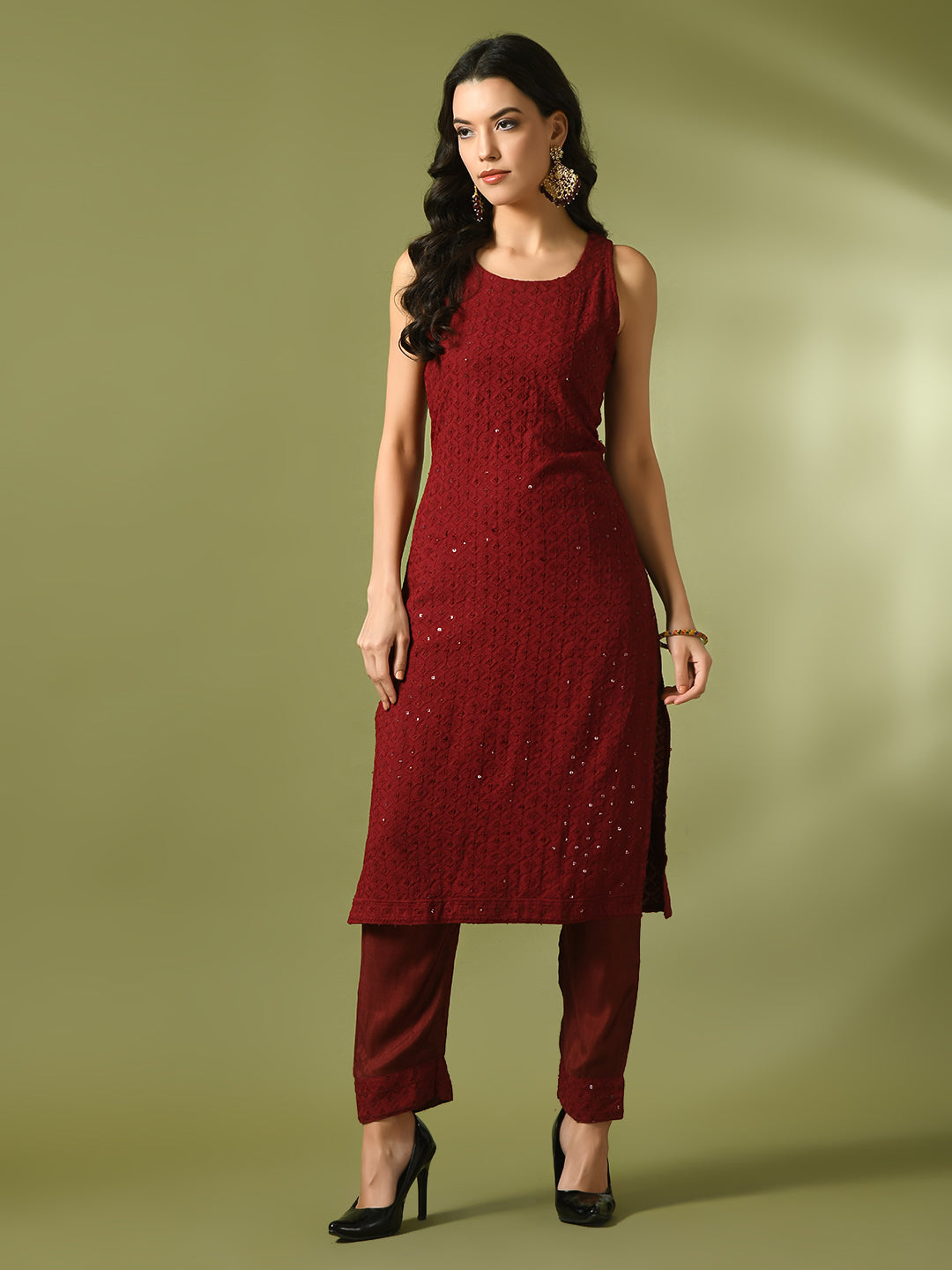 Women's  Maroon Embroidered Cotton Straight Party Kurta Sets