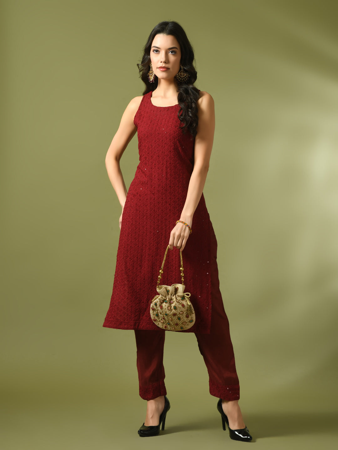 Women's  Maroon Embroidered Cotton Straight Party Kurta Sets
