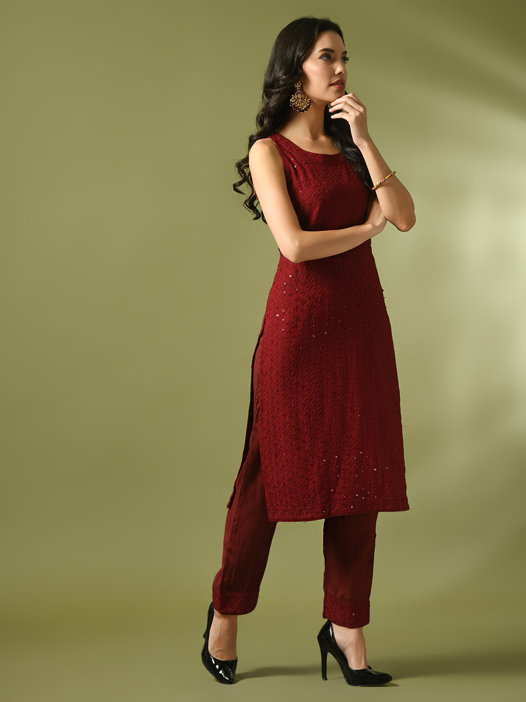 Women's  Maroon Embroidered Cotton Straight Party Kurta Sets