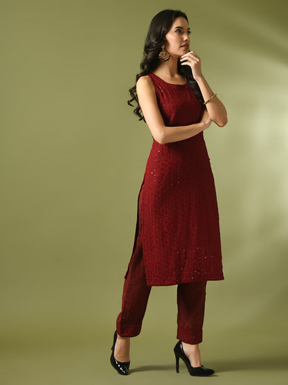 Women's  Maroon Embroidered Cotton Straight Party Kurta Sets