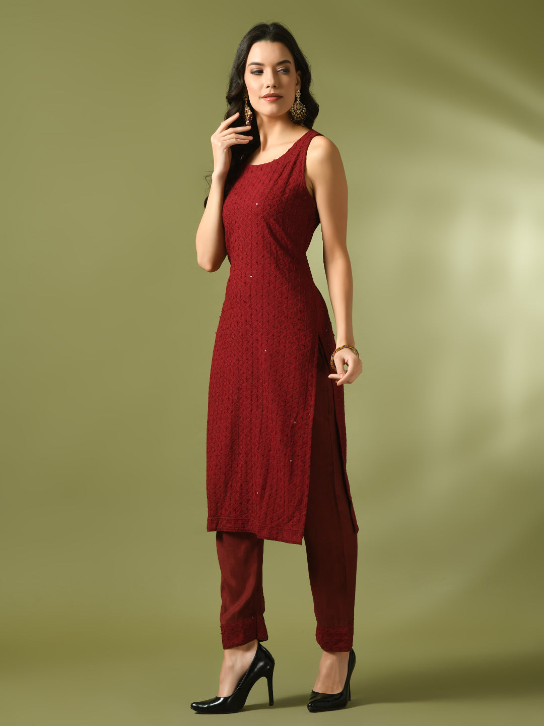Women's  Maroon Embroidered Cotton Straight Party Kurta Sets