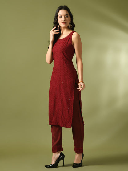 Women's  Maroon Embroidered Cotton Straight Party Kurta Sets