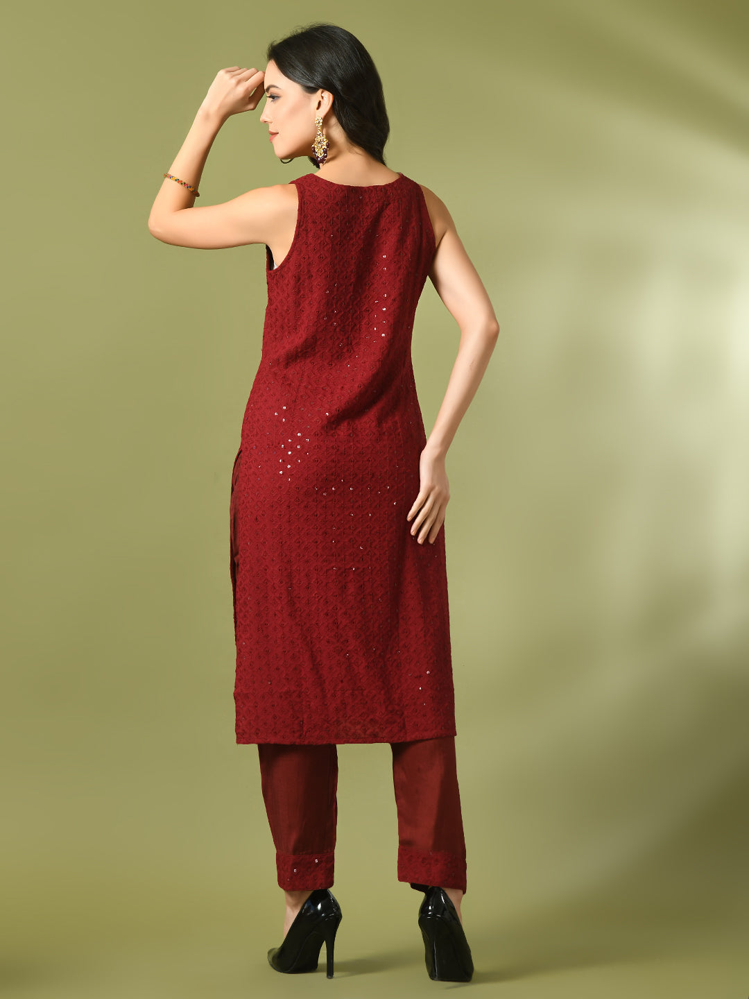Women's  Maroon Embroidered Cotton Straight Party Kurta Sets