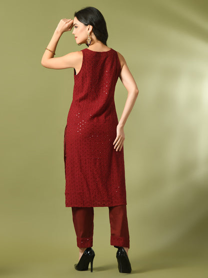 Women's  Maroon Embroidered Cotton Straight Party Kurta Sets