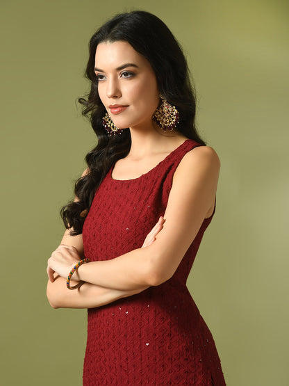 Women's  Maroon Embroidered Cotton Straight Party Kurta Sets