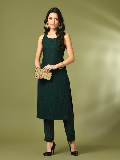 Women's  Green Embroidered Cotton Straight Party Kurta Sets