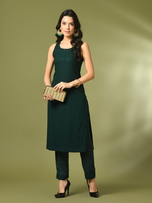 Women's  Green Embroidered Cotton Straight Party Kurta Sets